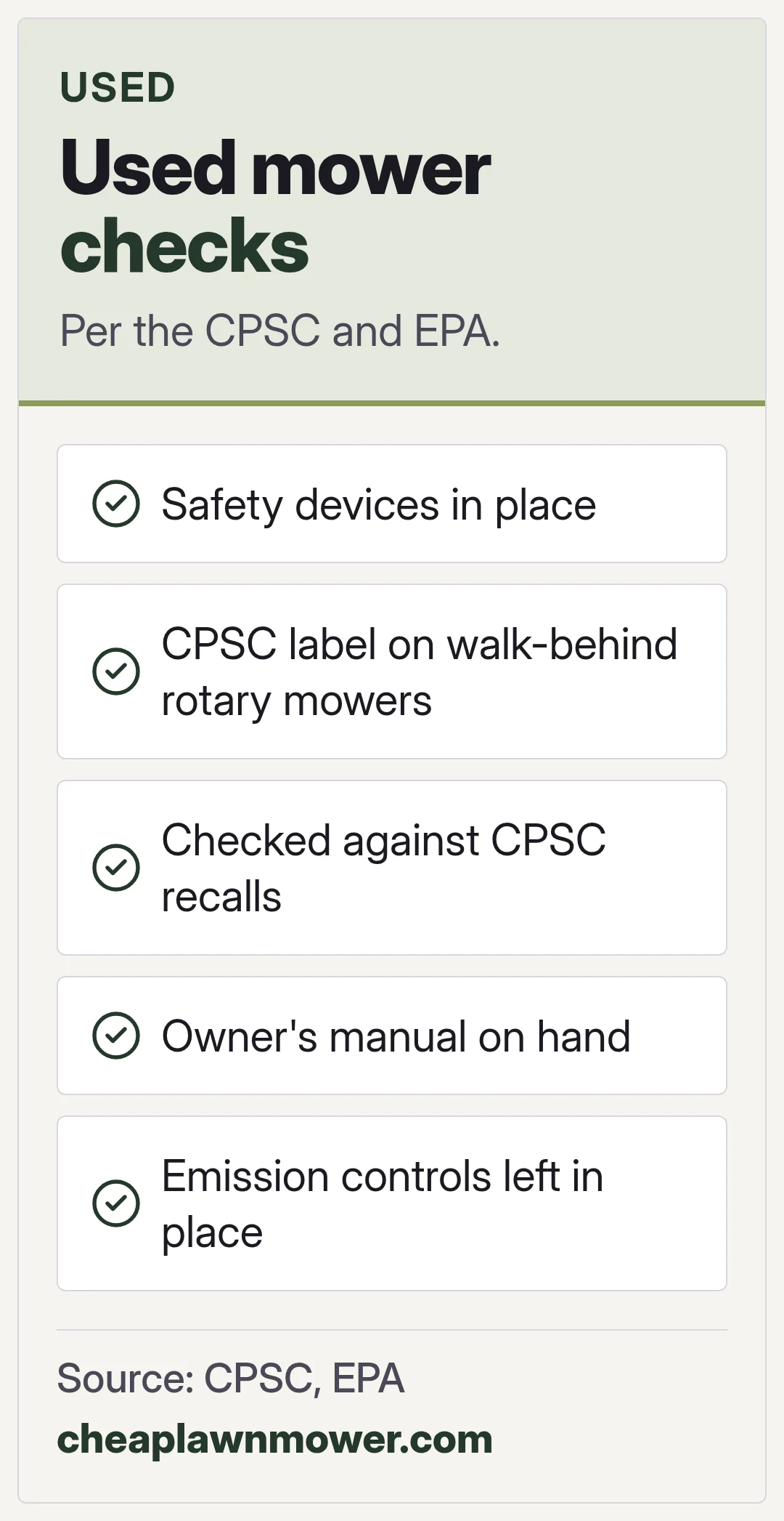 Used mower checks. Per the CPSC and EPA.