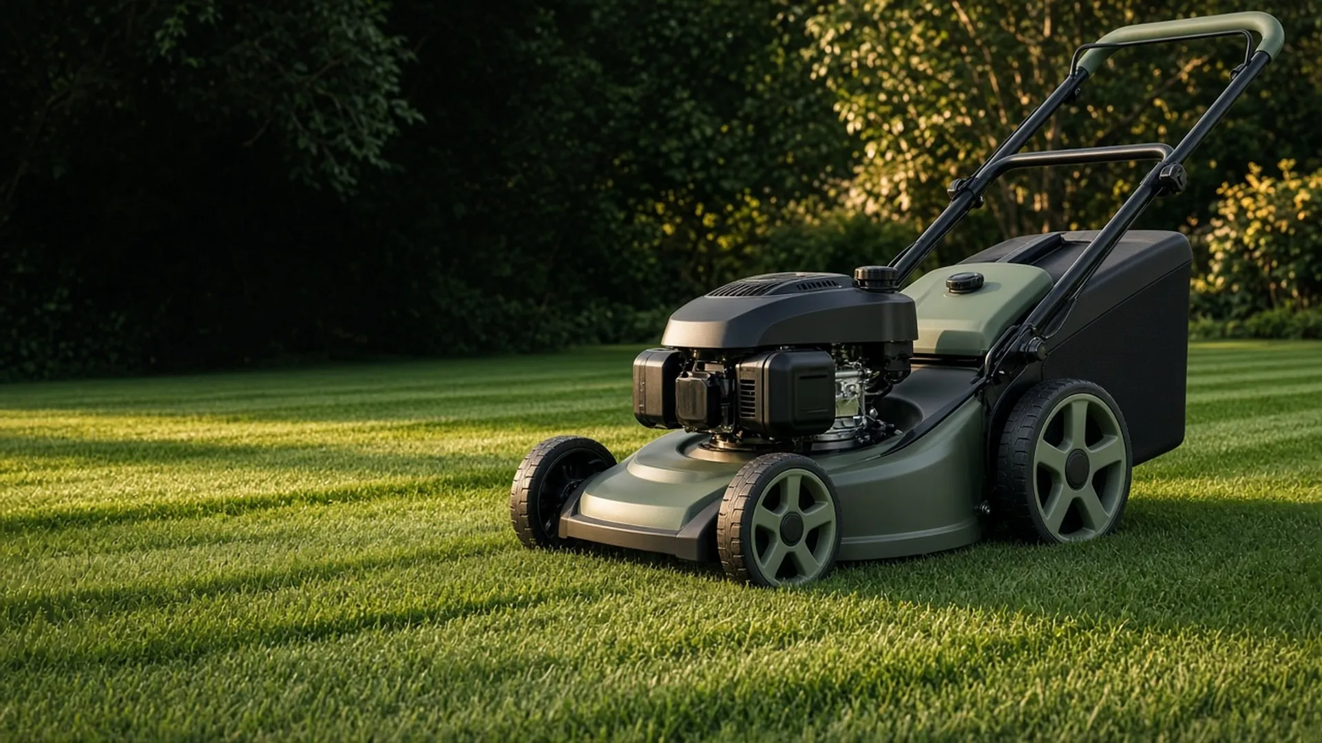 A clean walk-behind mower on a striped lawn at golden hour