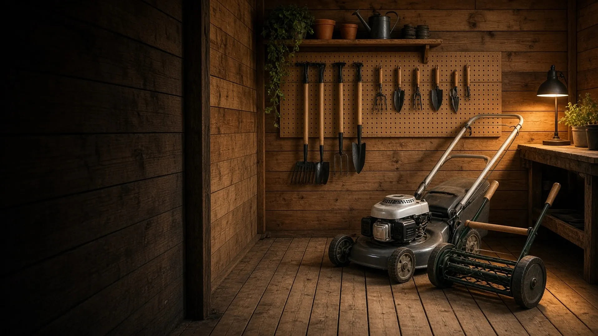 A tidy shed with two mowers and hand tools