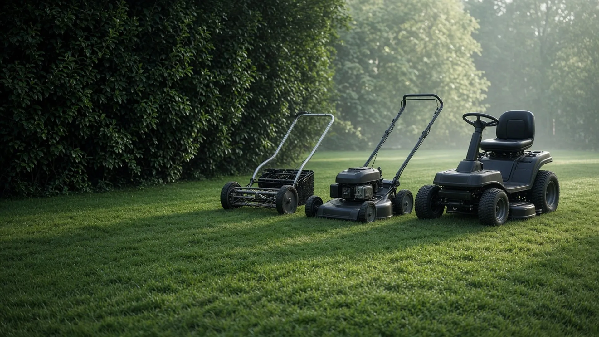 Three kinds of mower lined up on a lawn