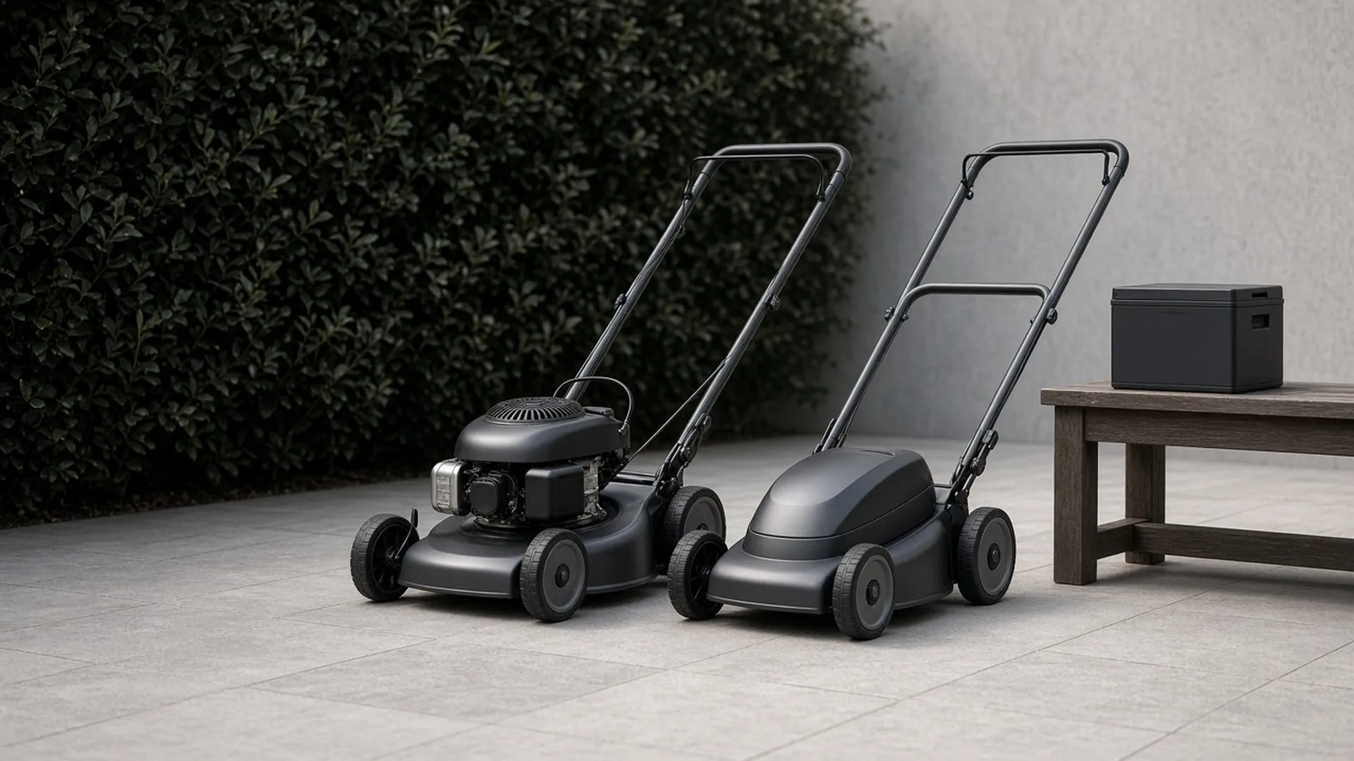 A gas mower and a battery mower side by side