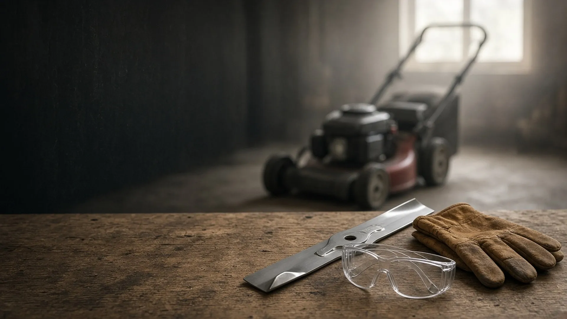 A mower blade, gloves, and safety glasses on a bench