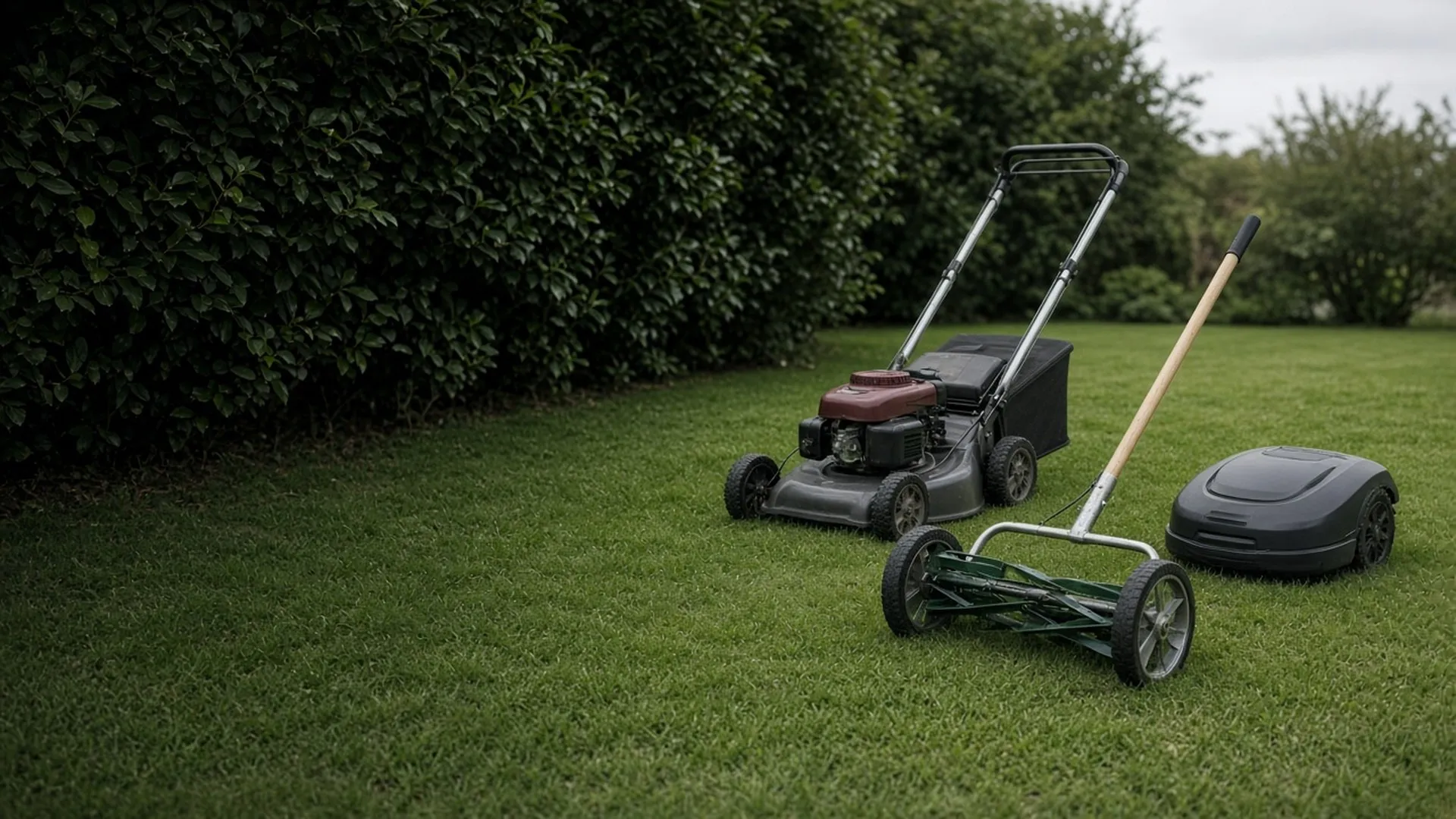 A reel mower, a rotary mower, and a robotic mower on a lawn