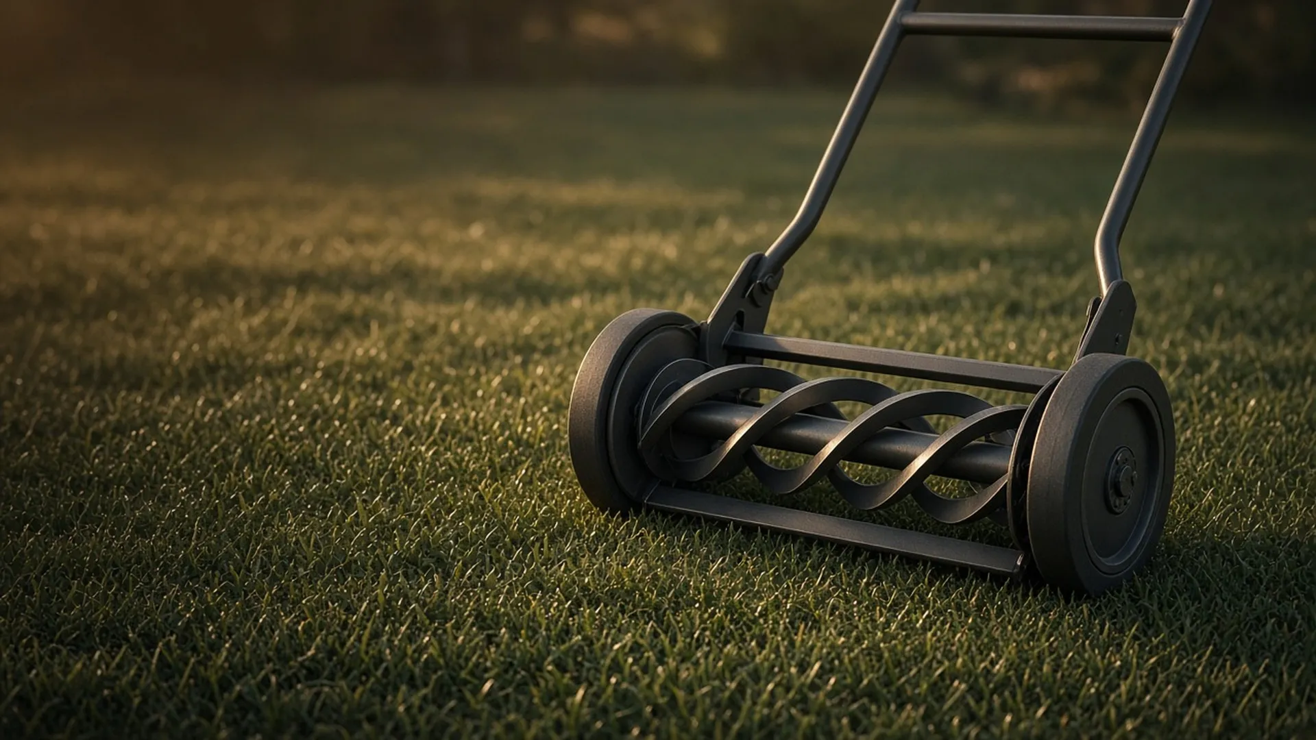 A manual reel mower on short turf