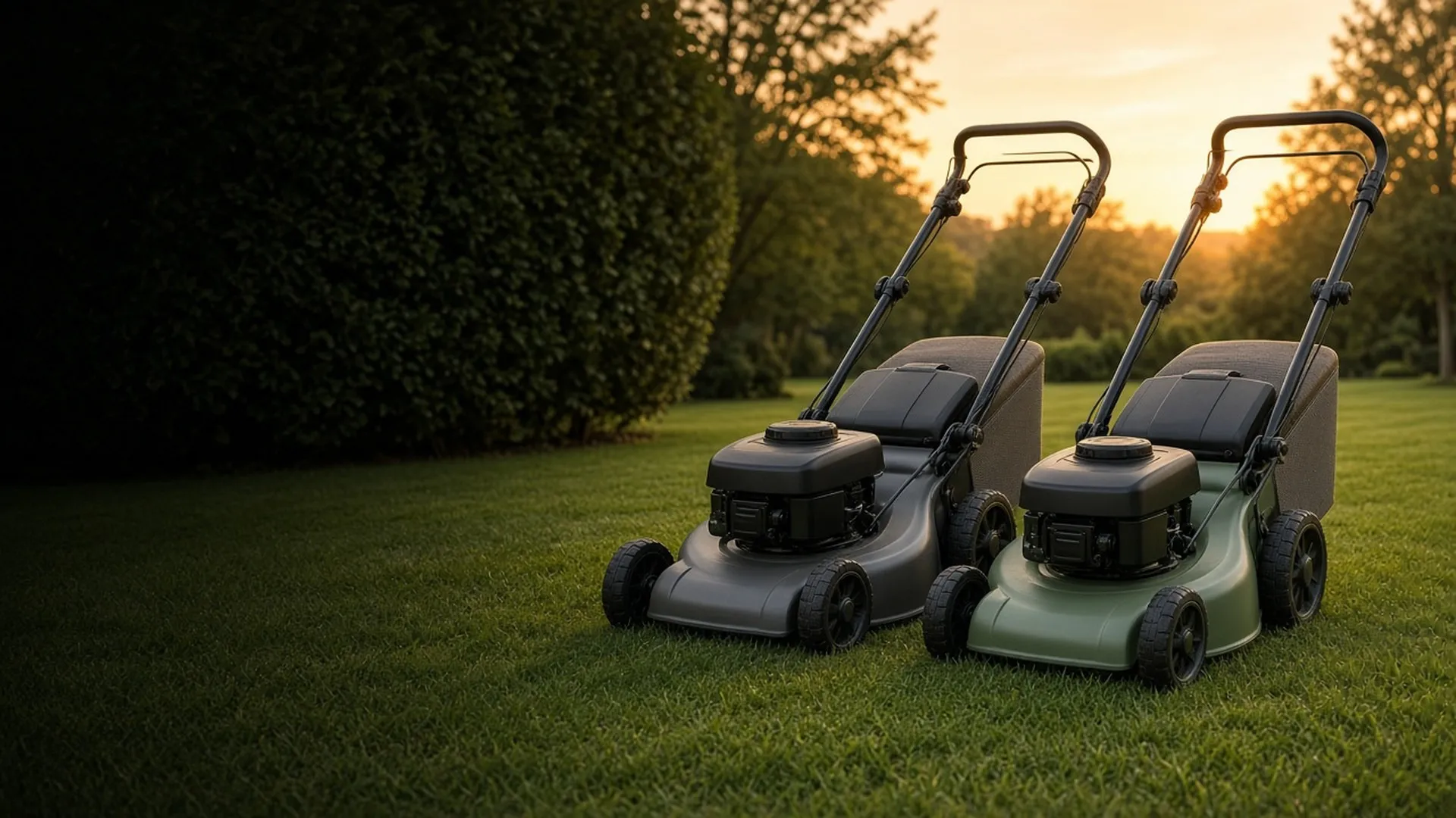 Two walk-behind mowers parked on a lawn
