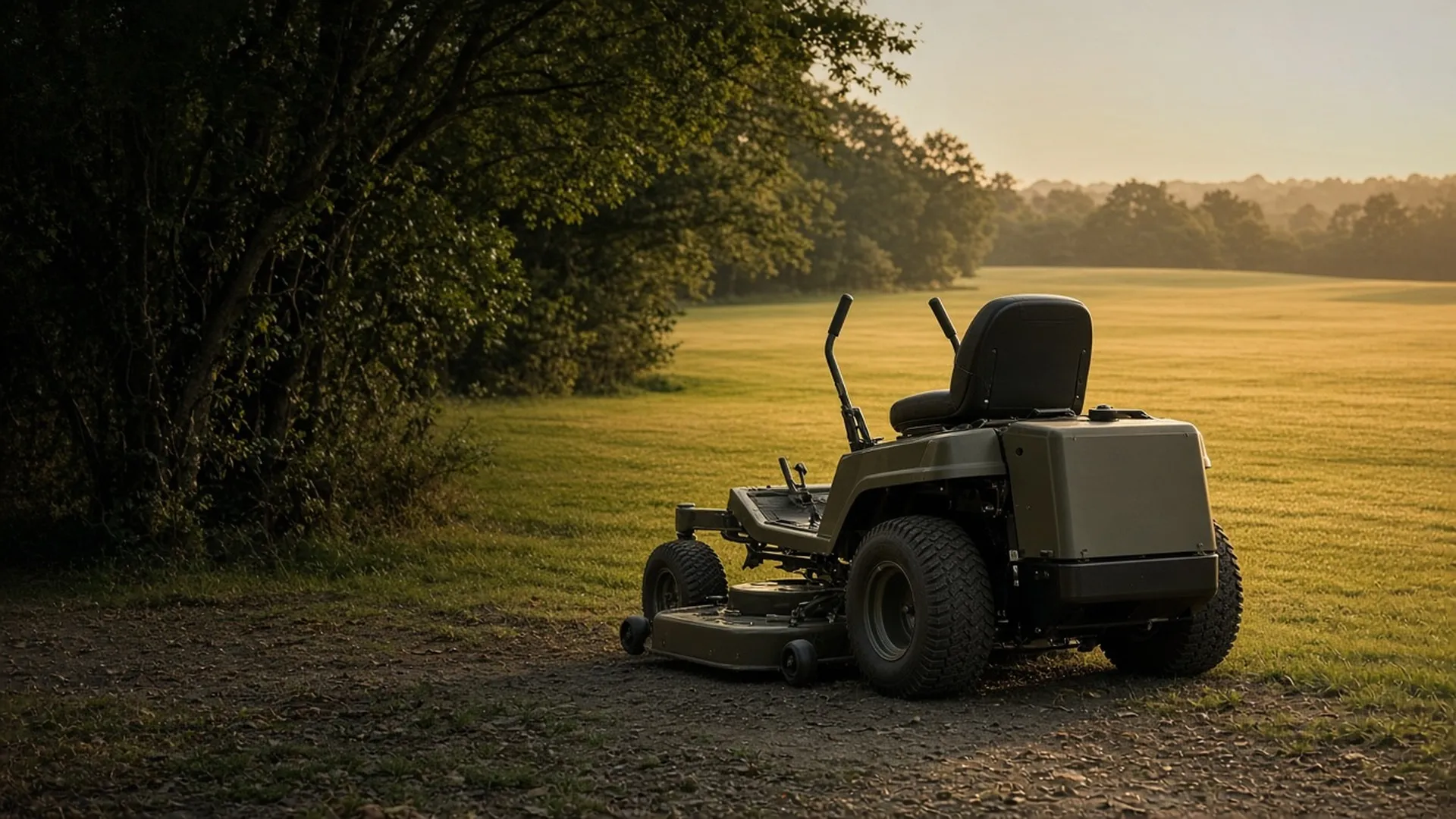 A riding mower parked on level lawn with an empty seat