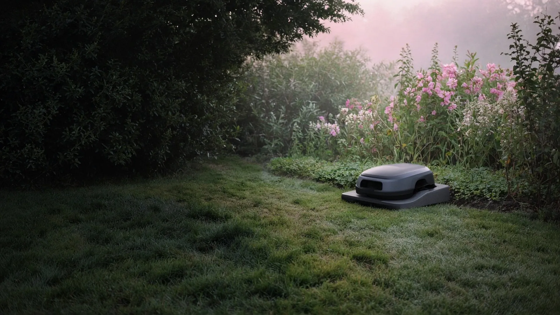 A robotic mower docked at its charging station