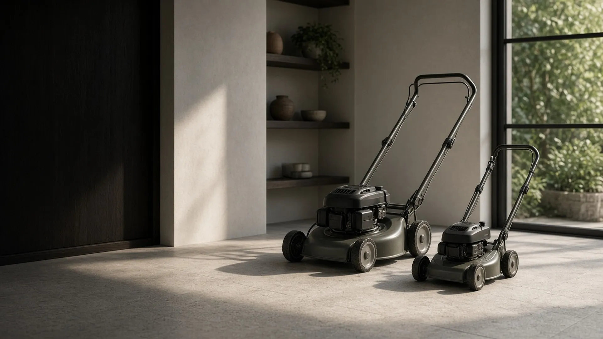 Two walk-behind mowers of different sizes