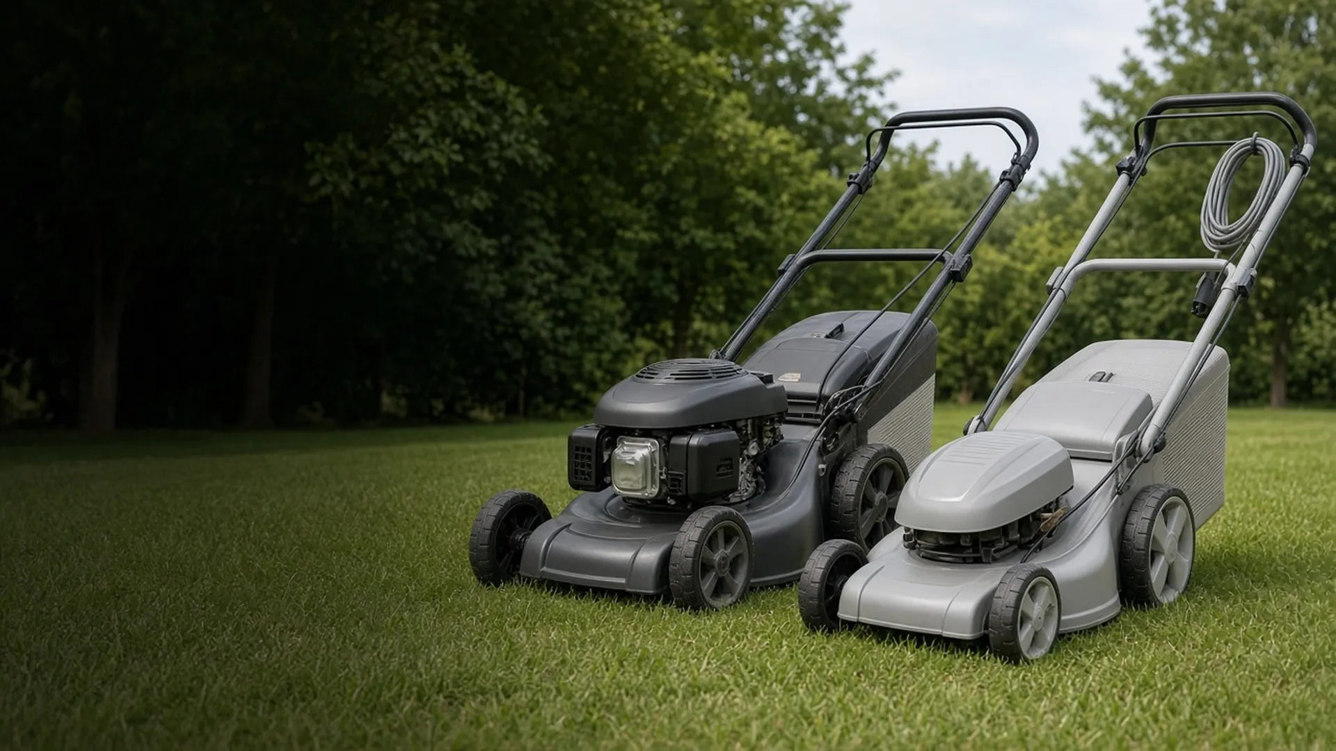 A gas mower and a corded electric mower side by side