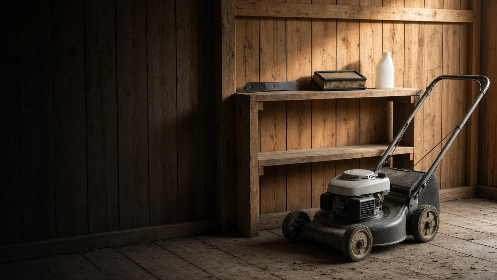 A mower in a shed with a spare blade, filter, and oil