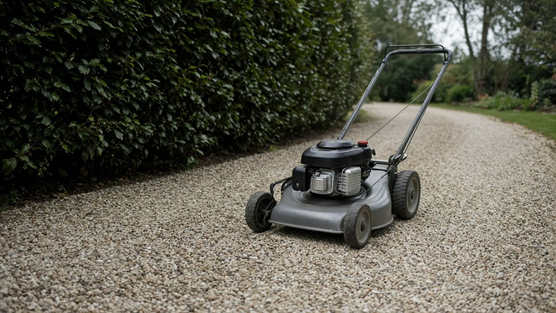 An older walk-behind mower on a gravel driveway
