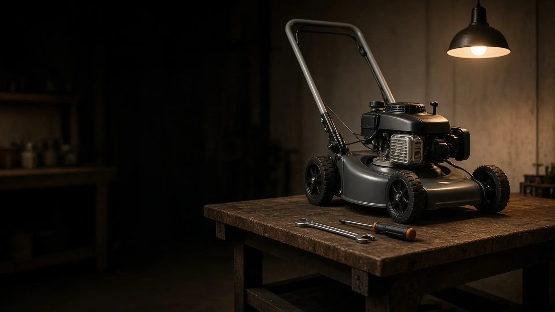 A walk-behind mower on a workshop bench