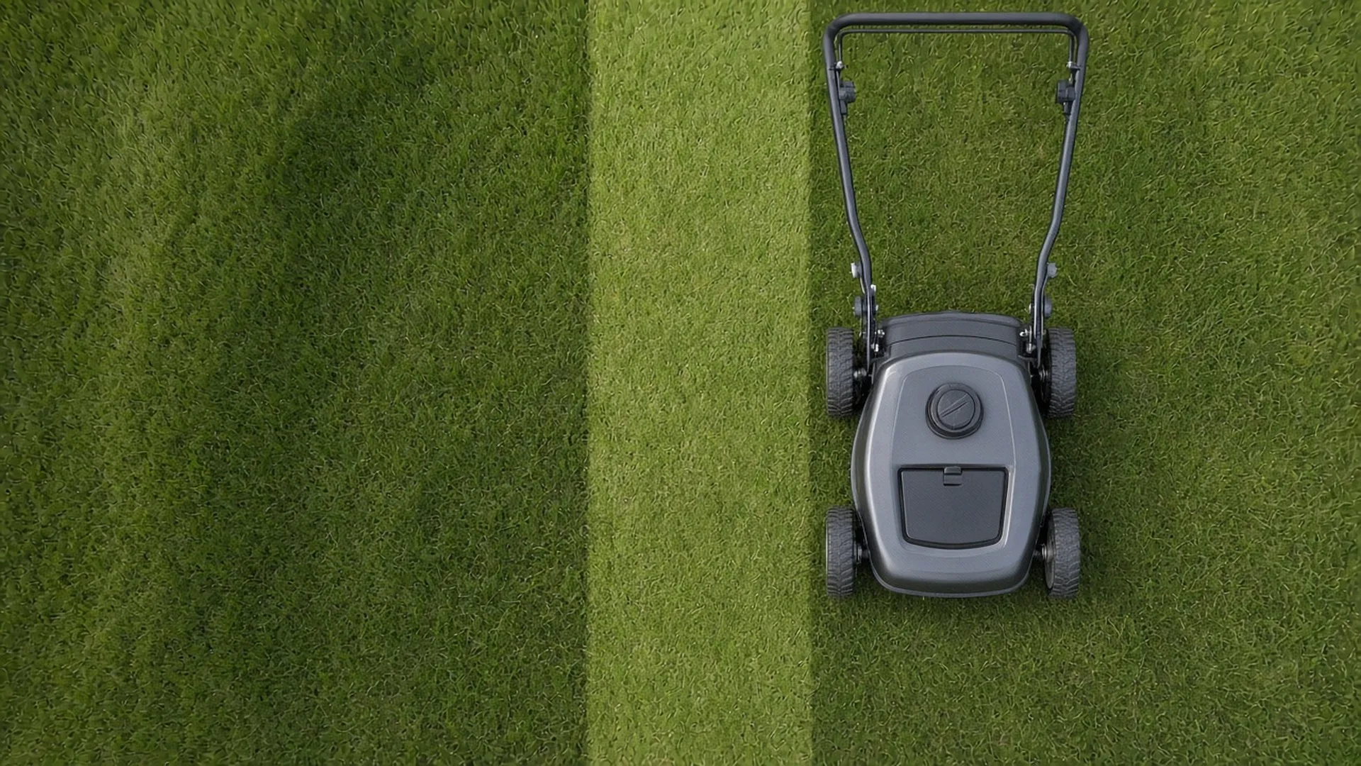 Overhead view of a walk-behind mower parked on a striped lawn