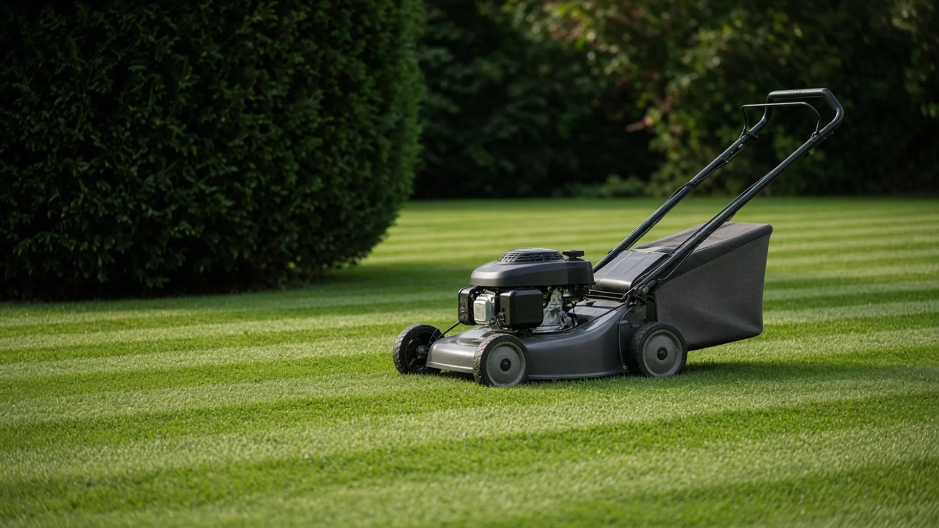 A walk-behind mower with a grass catcher on a striped lawn