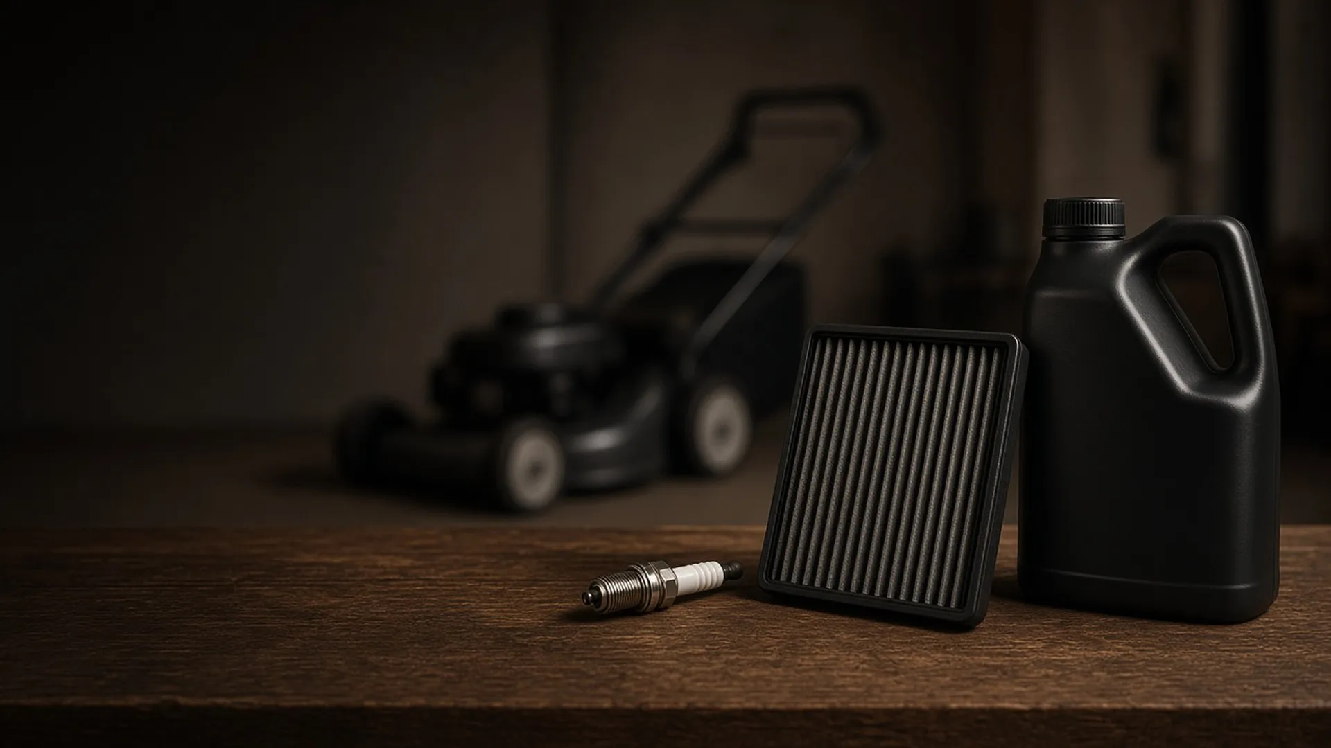 A spark plug, air filter, and oil bottle on a workbench