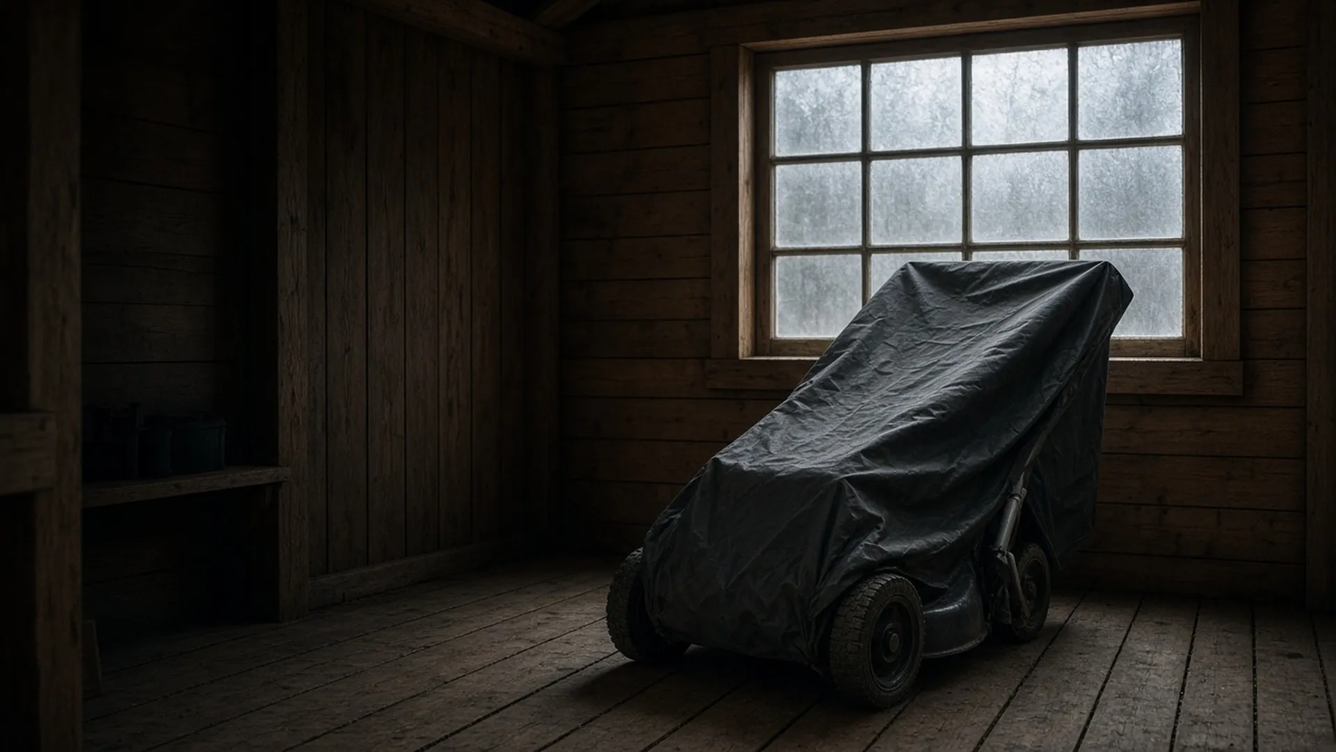 A covered mower stored in a shed in winter
