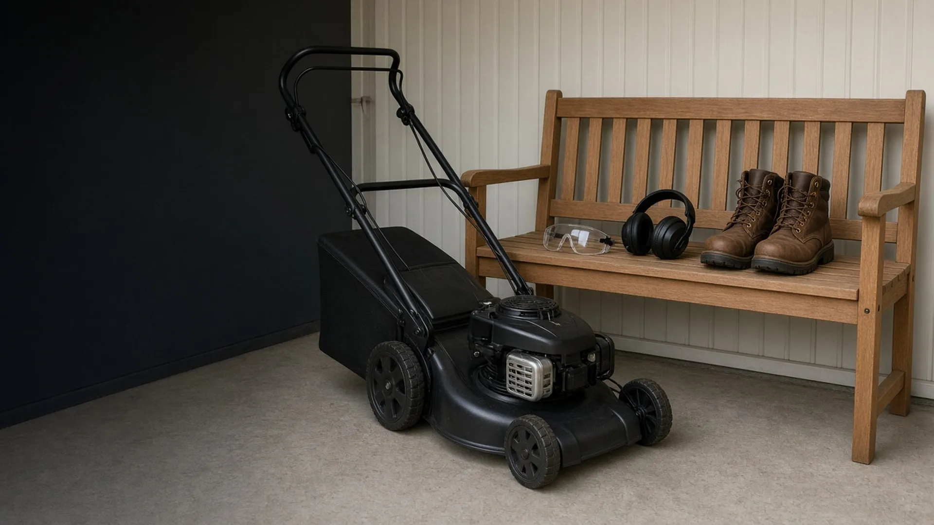 Safety glasses, ear protection, and boots beside a parked mower