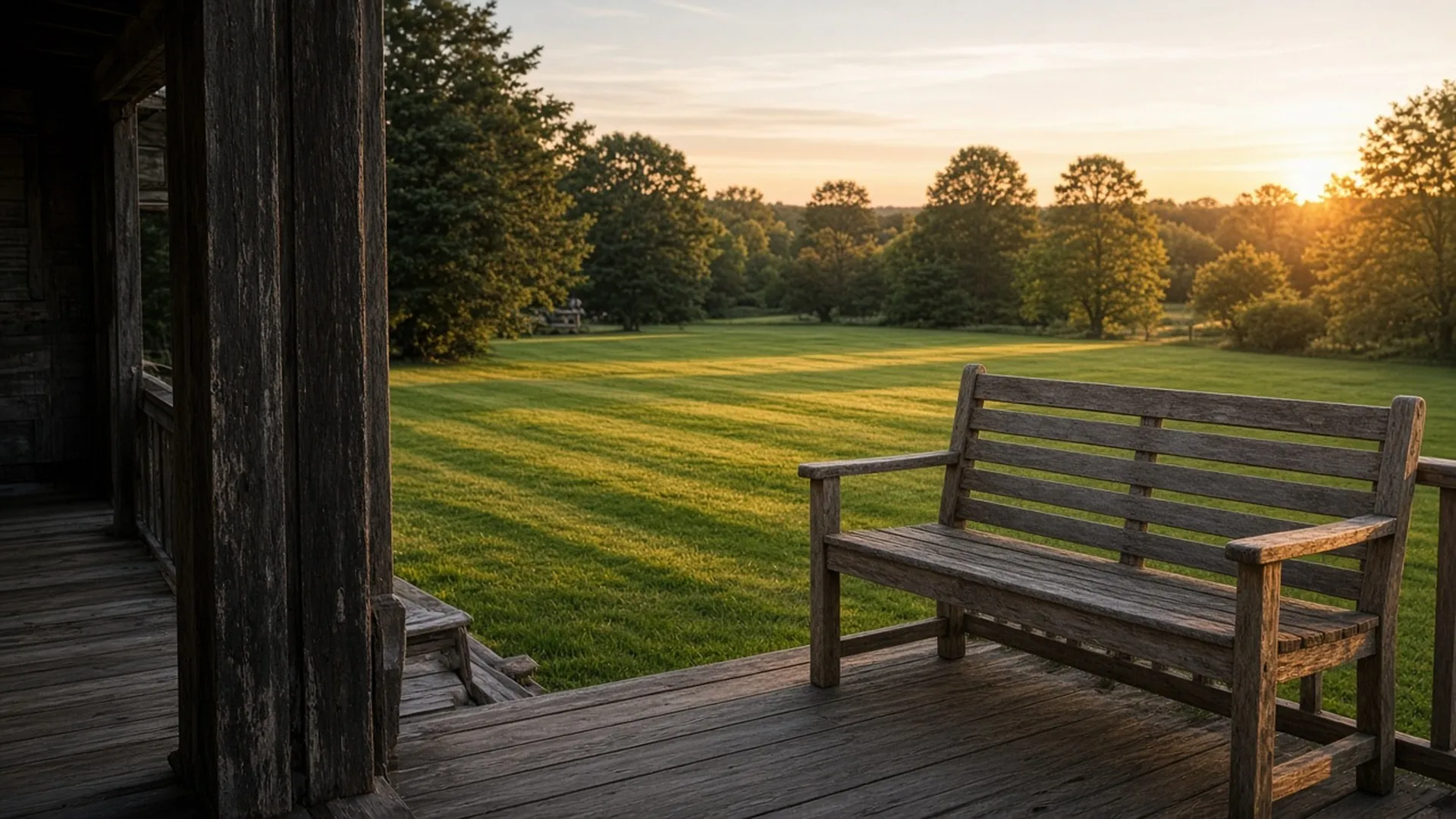 A porch bench overlooking a mown lawn
