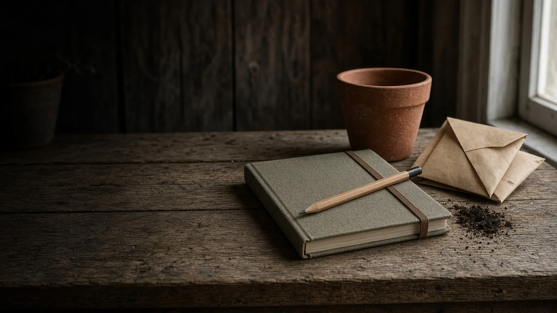 An open notebook on a potting shed bench