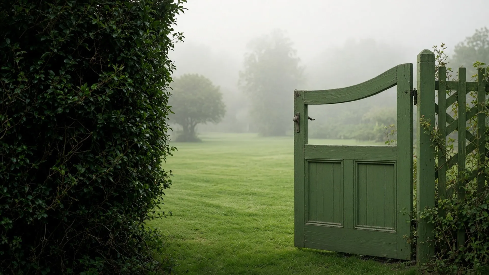 A garden gate opening onto a mown lawn