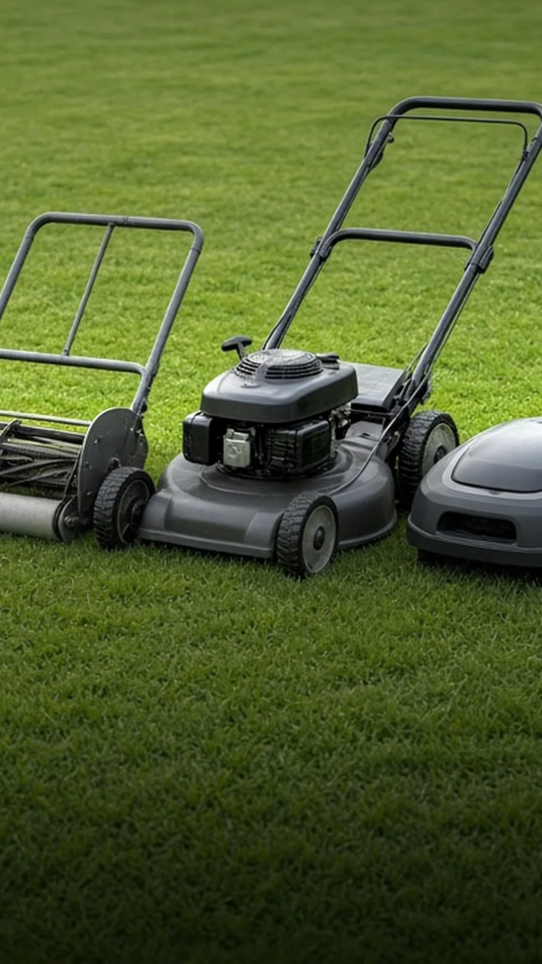 A reel mower, a rotary mower, and a robotic mower on a lawn