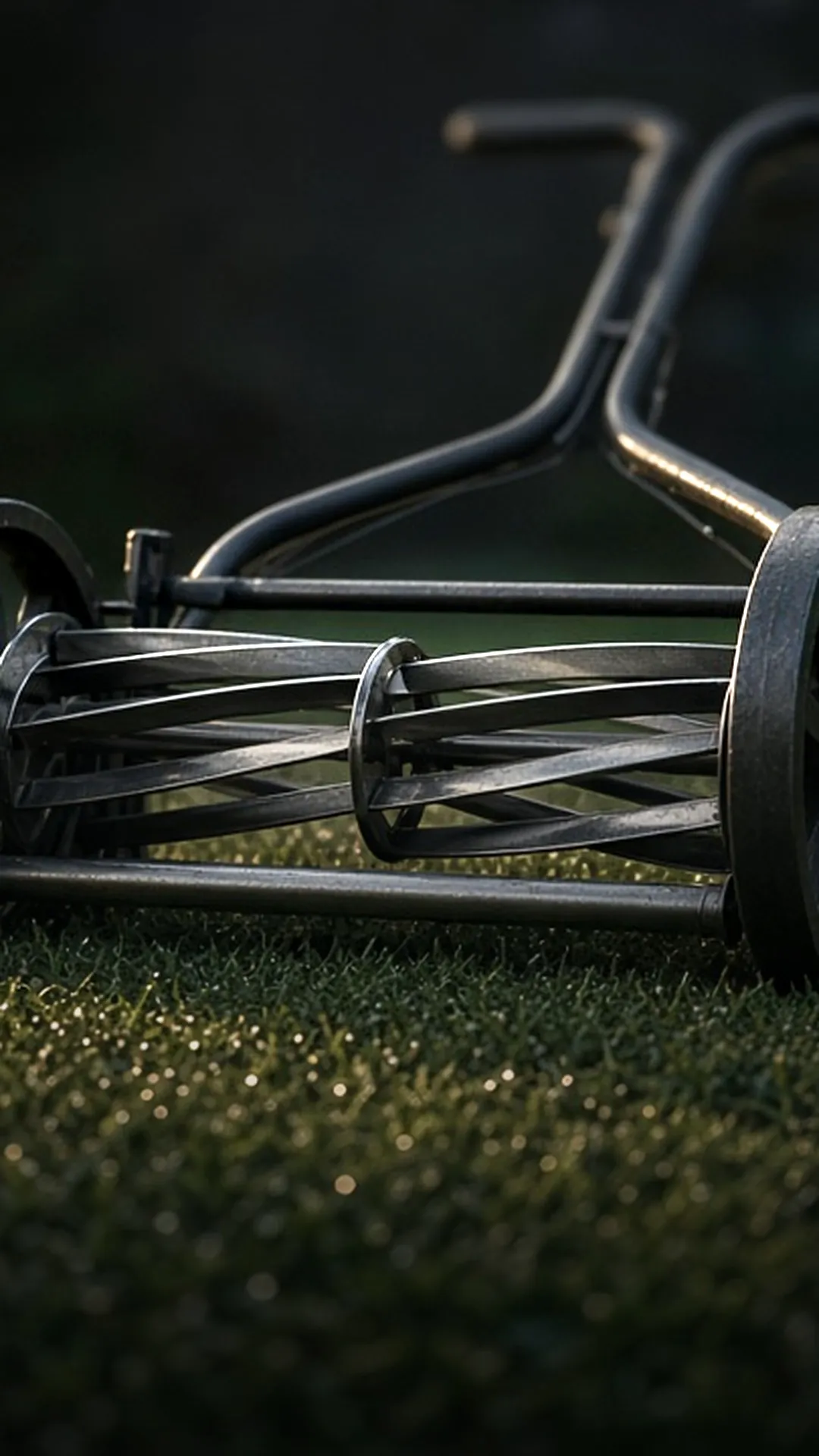 A manual reel mower on short turf