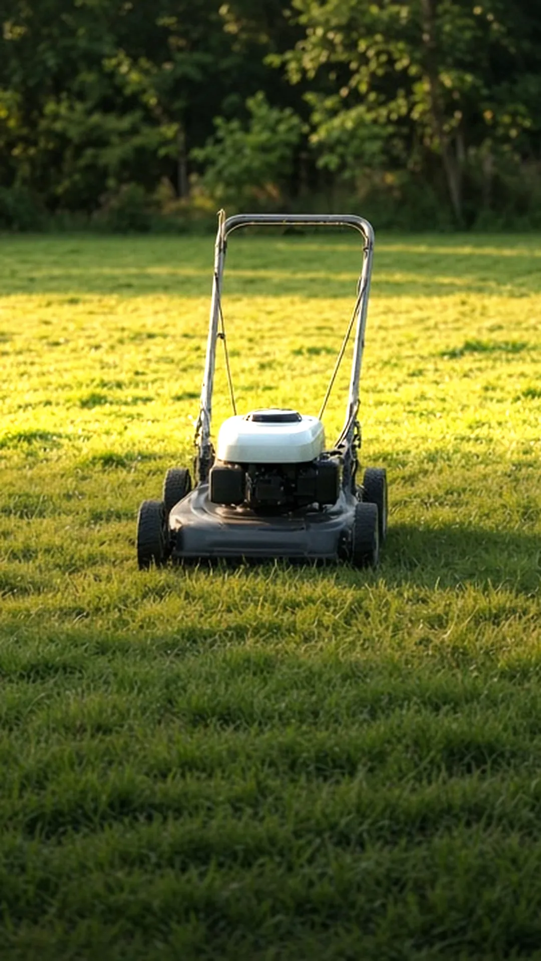 Two walk-behind mowers parked on a lawn