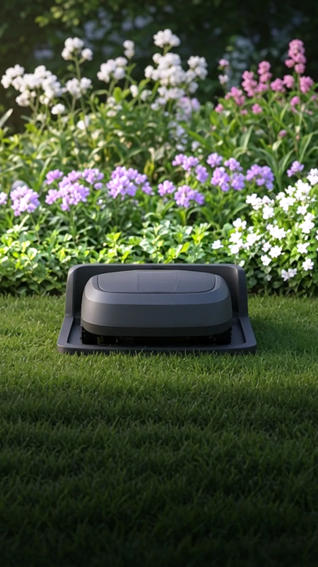 A robotic mower docked at its charging station