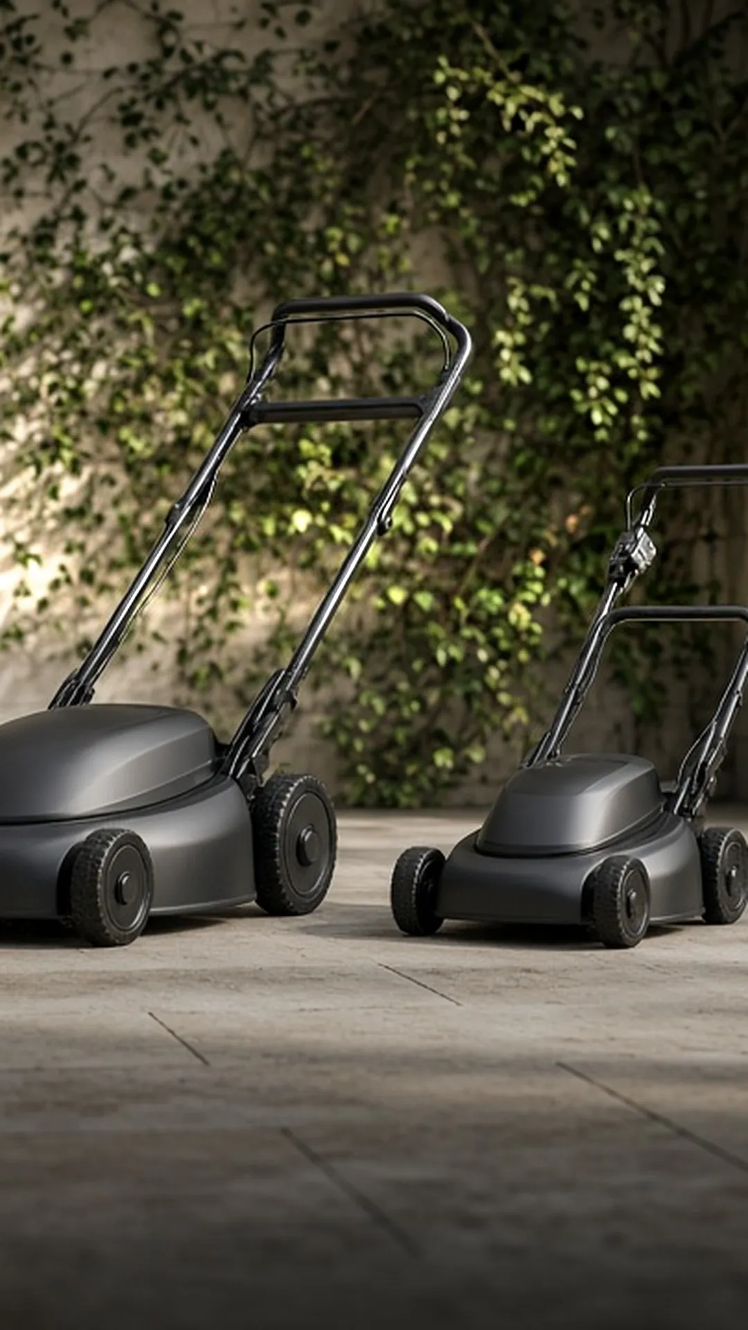 Two walk-behind mowers of different sizes