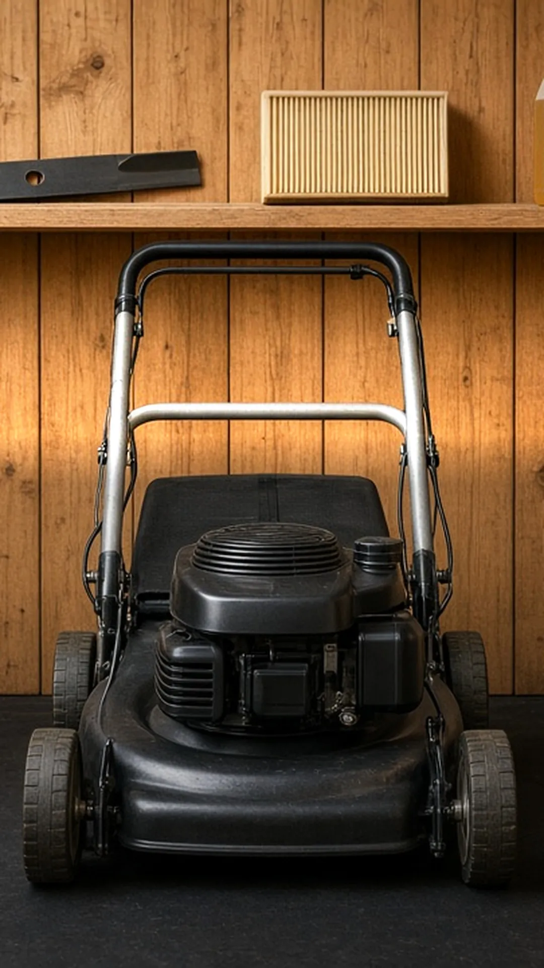A mower in a shed with a spare blade, filter, and oil