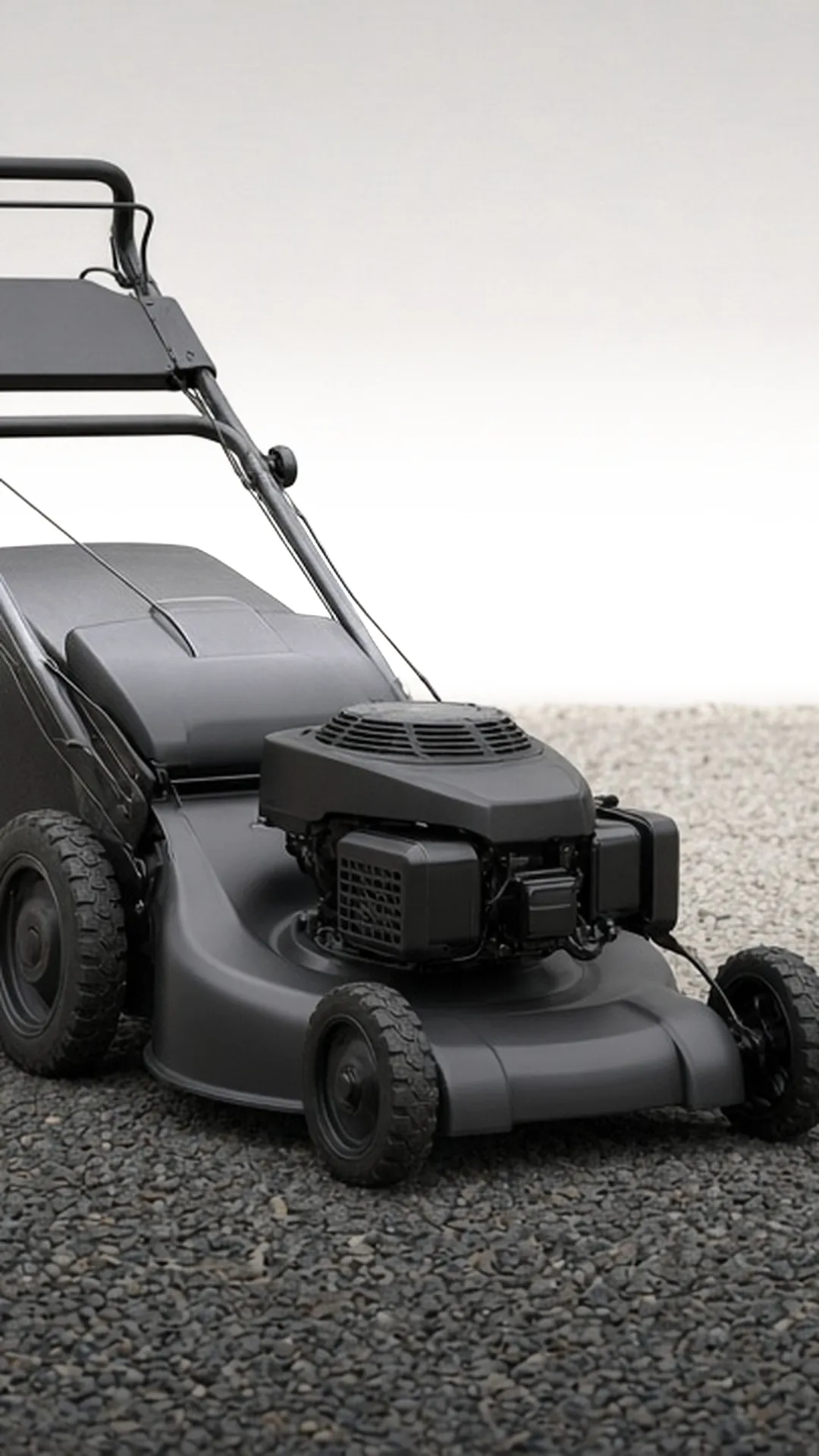 An older walk-behind mower on a gravel driveway