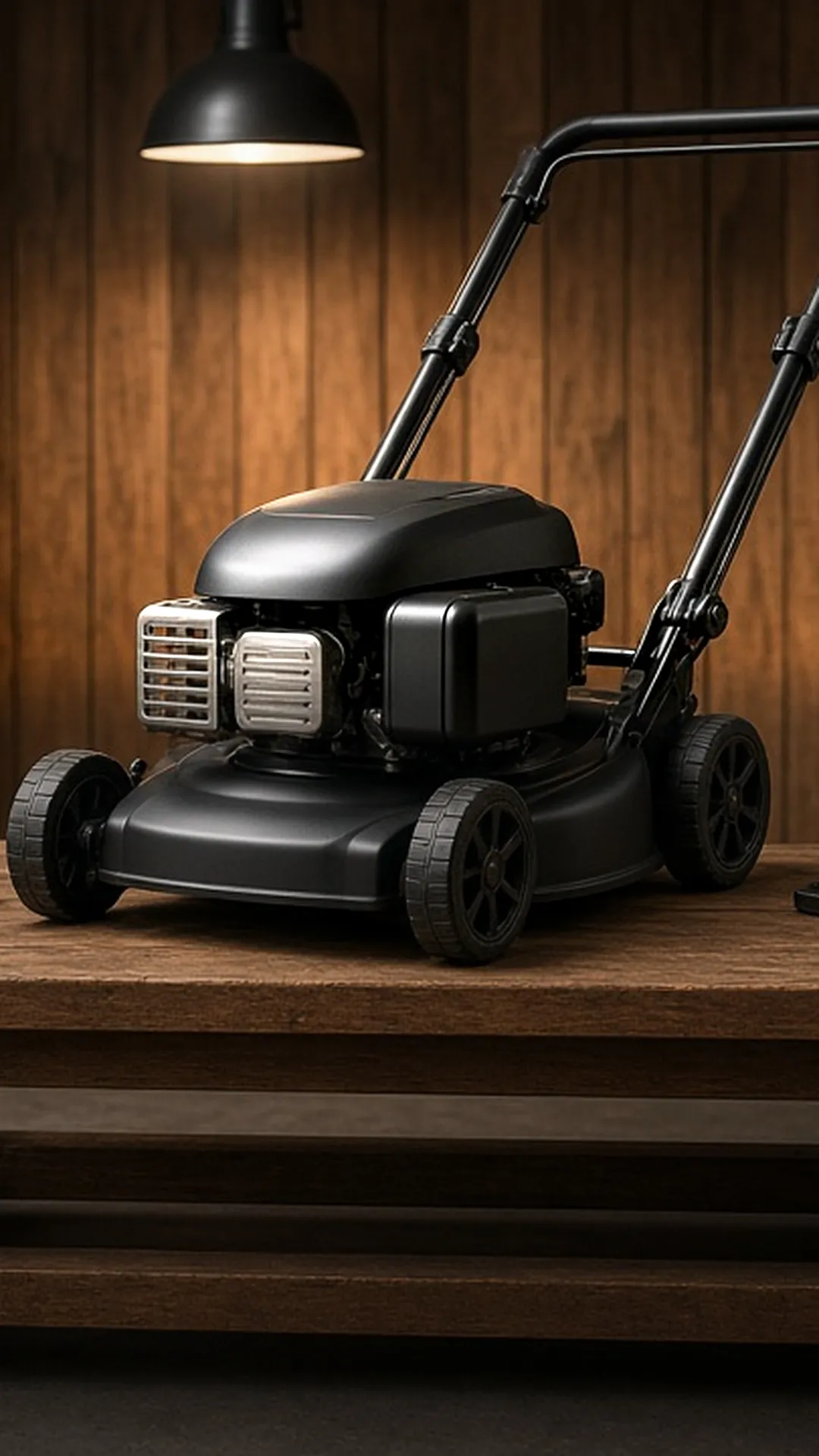 A walk-behind mower on a workshop bench