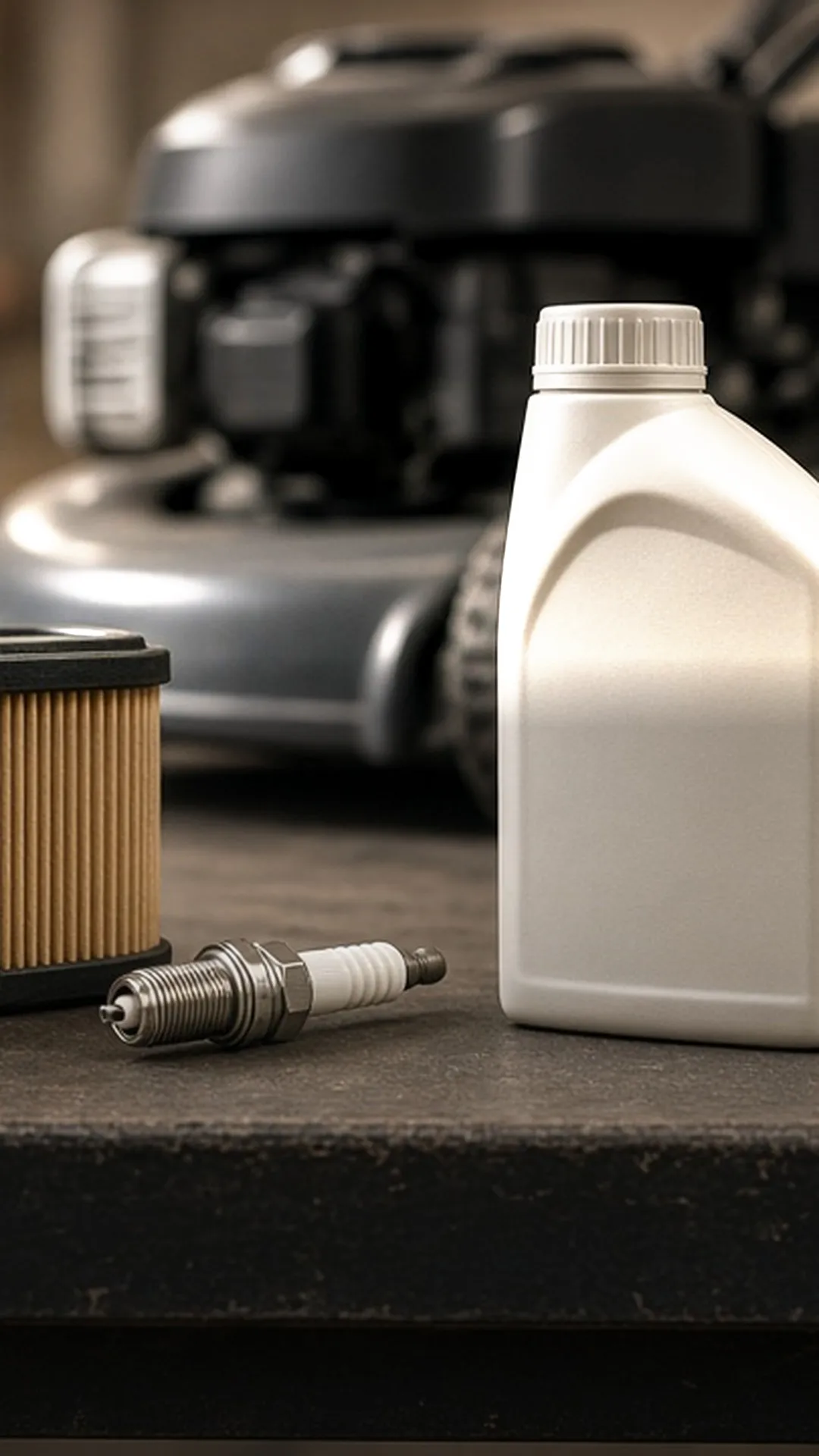 A spark plug, air filter, and oil bottle on a workbench