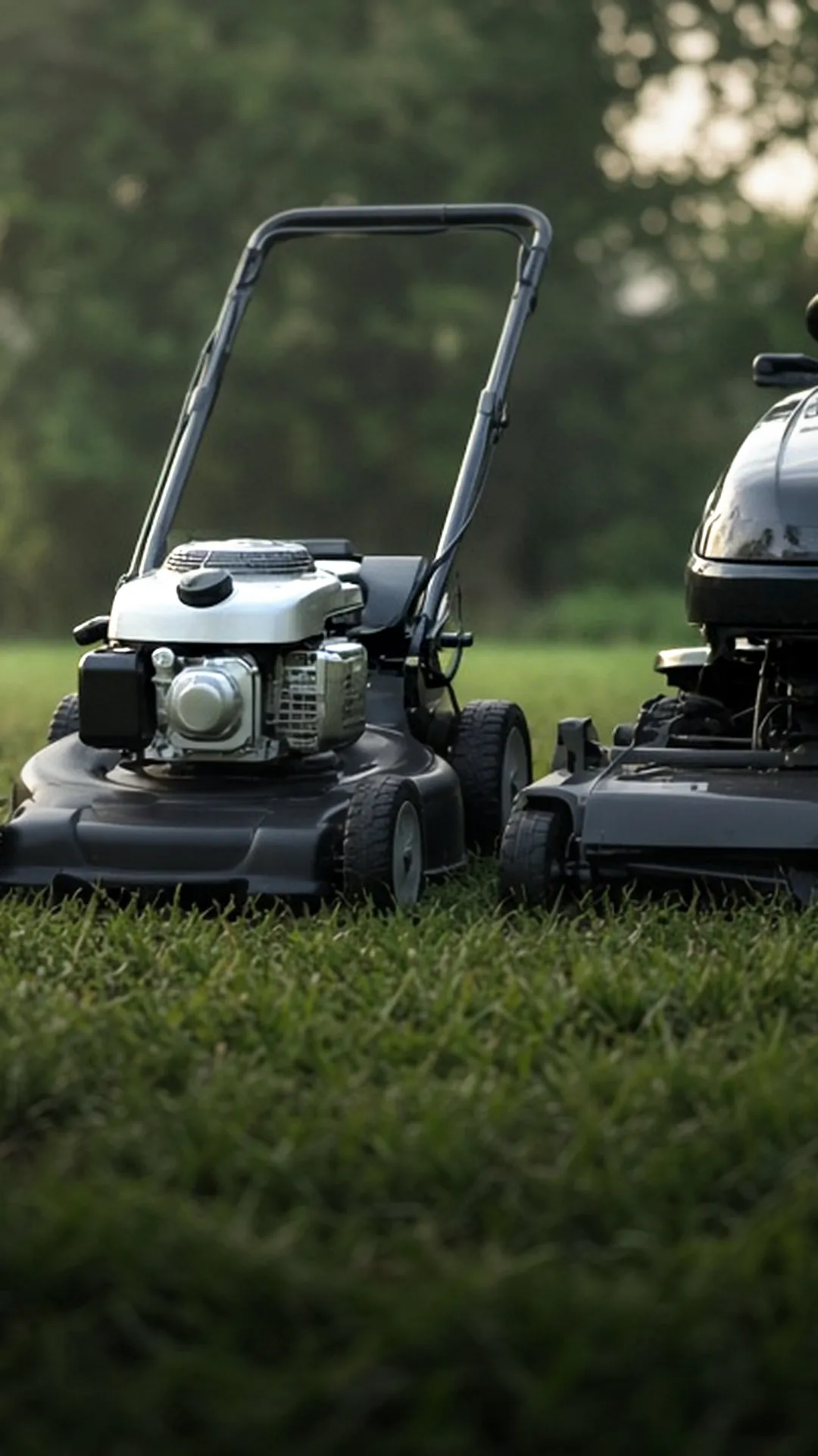 Three kinds of mower lined up on a lawn