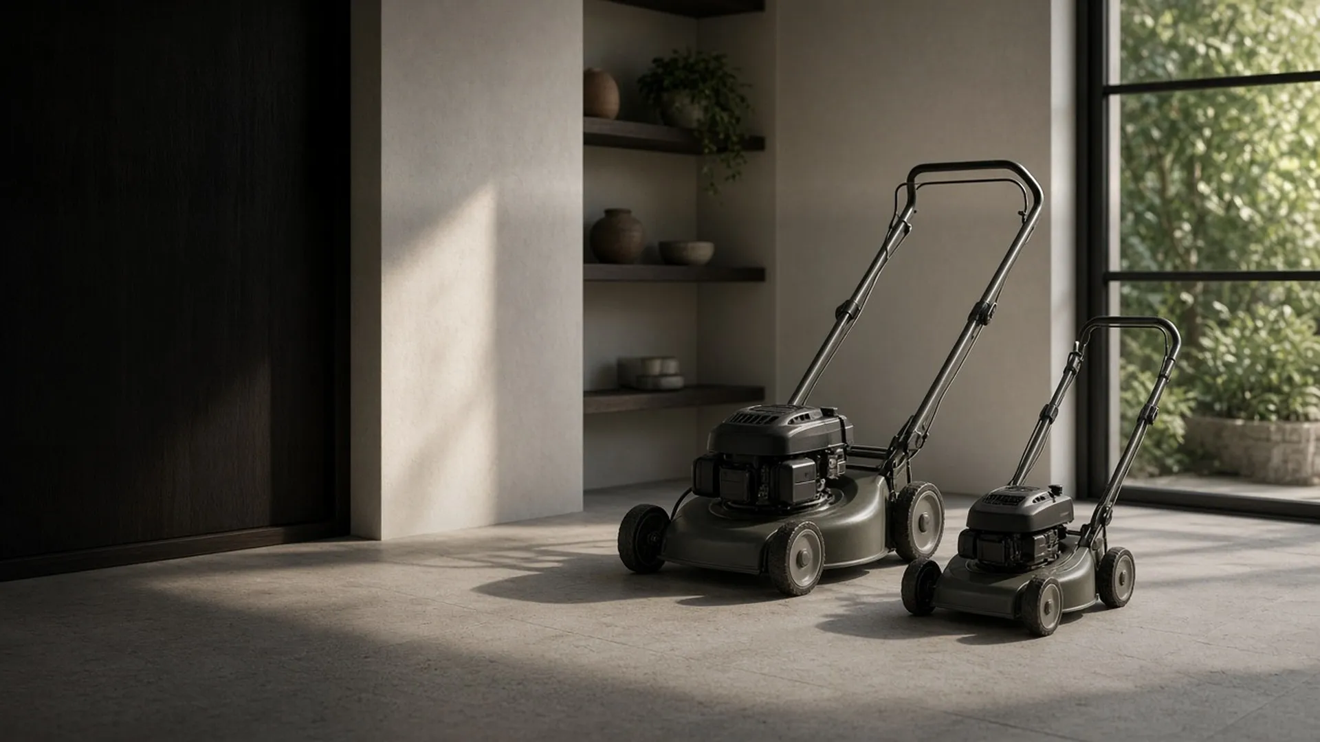 Two walk-behind mowers of different sizes