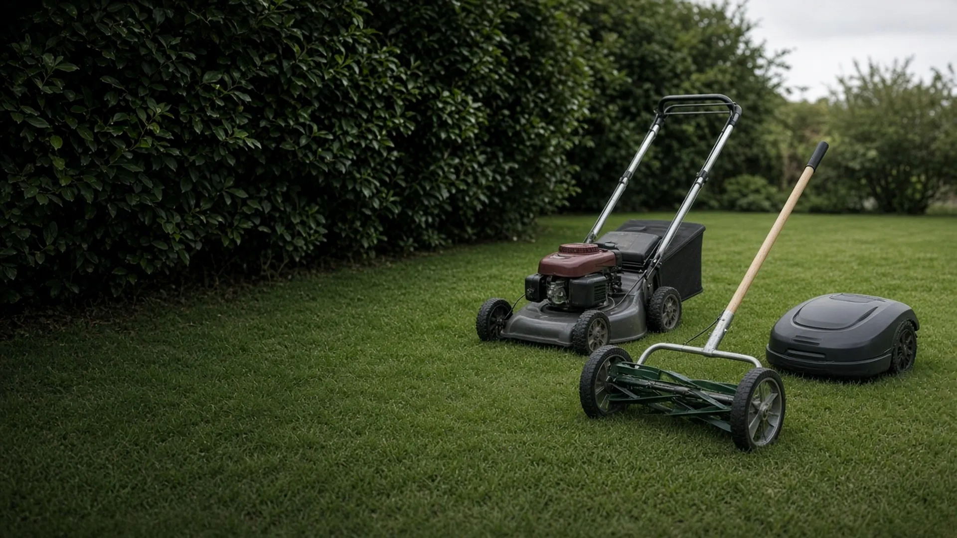 A reel mower, a rotary mower, and a robotic mower on a lawn
