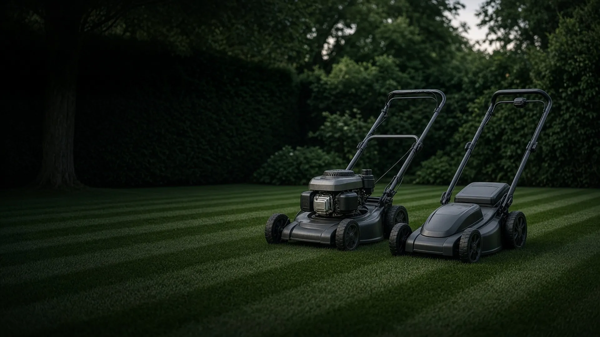 A gas mower and a cordless electric mower side by side on a lawn