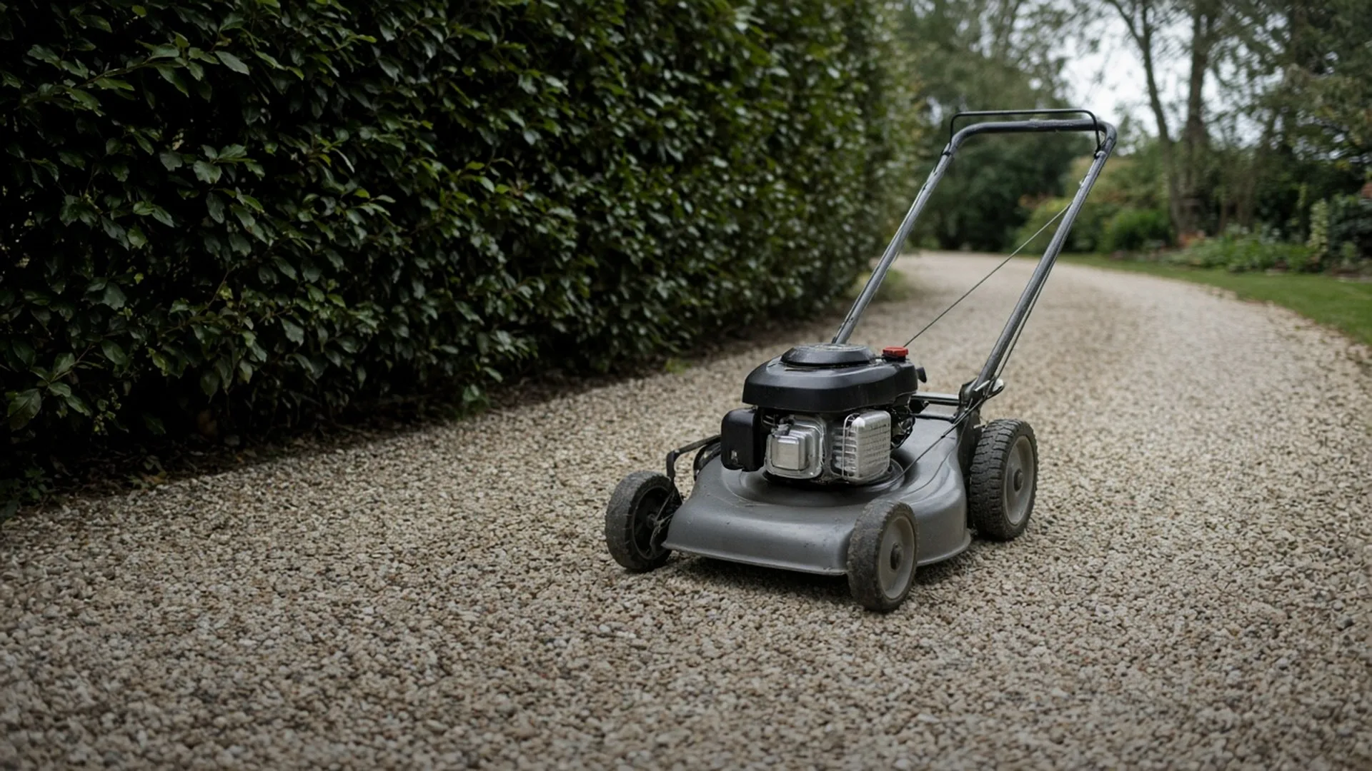 An older walk-behind mower on a gravel driveway