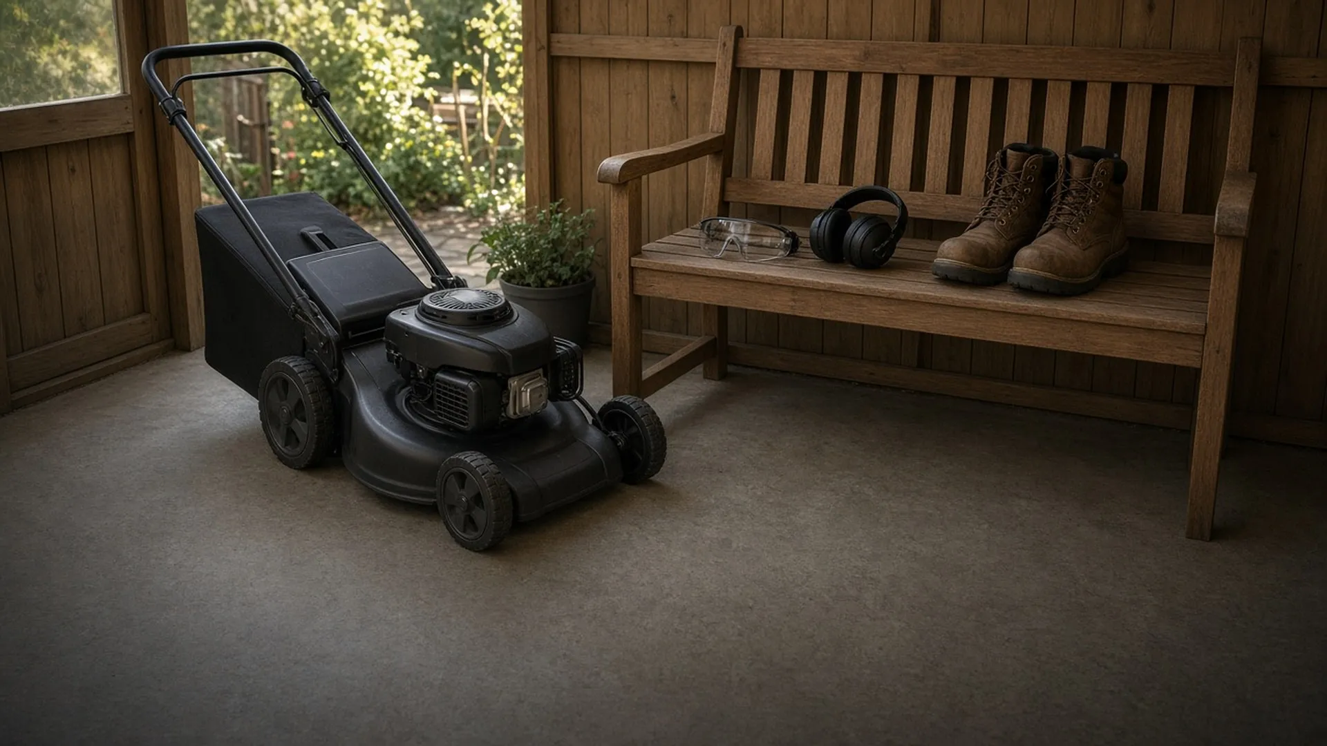 Safety glasses, ear protection, and boots beside a parked mower