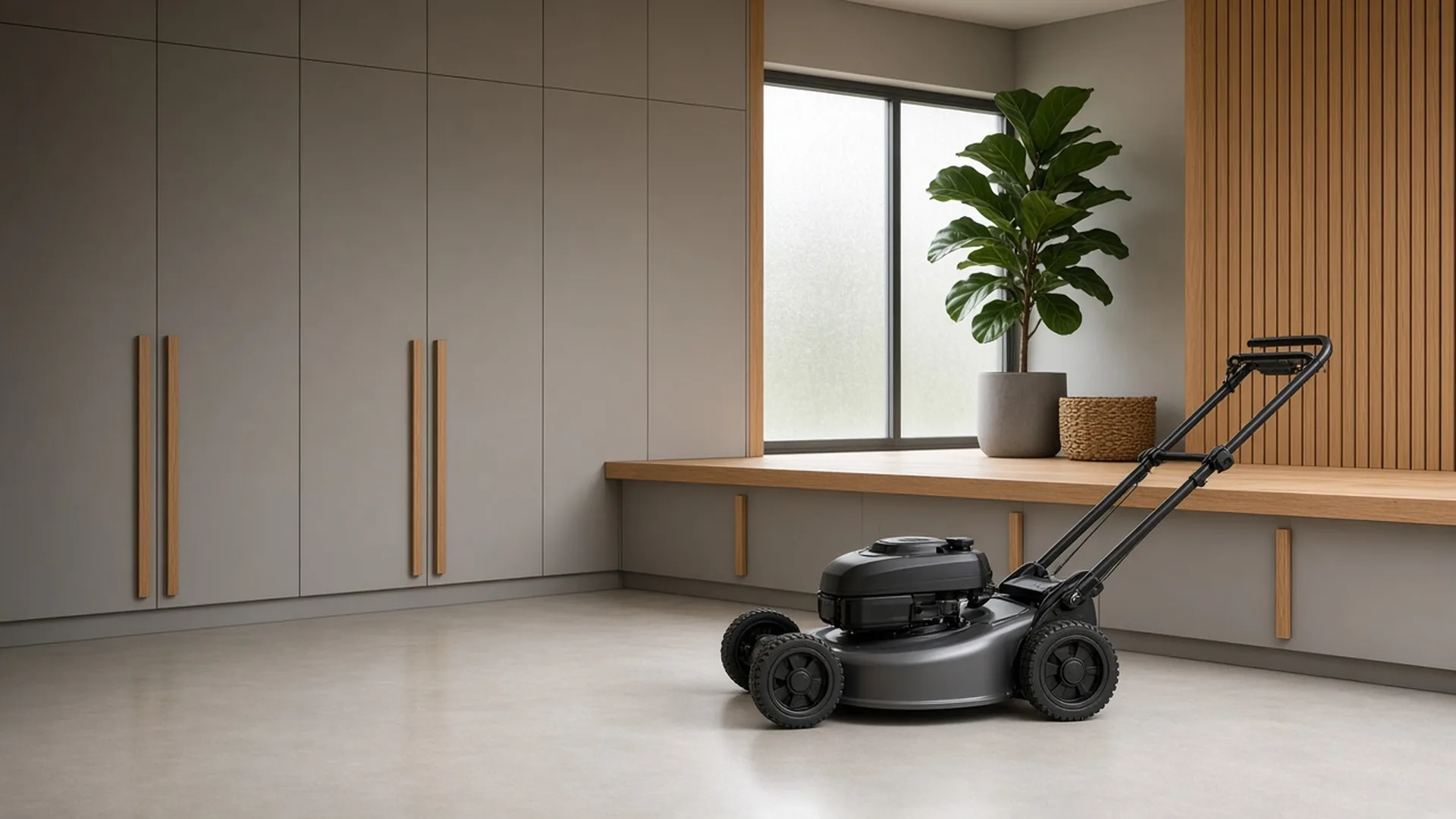 Graphite walk-behind mower on a pale concrete floor near tall grey cabinets and a frosted window