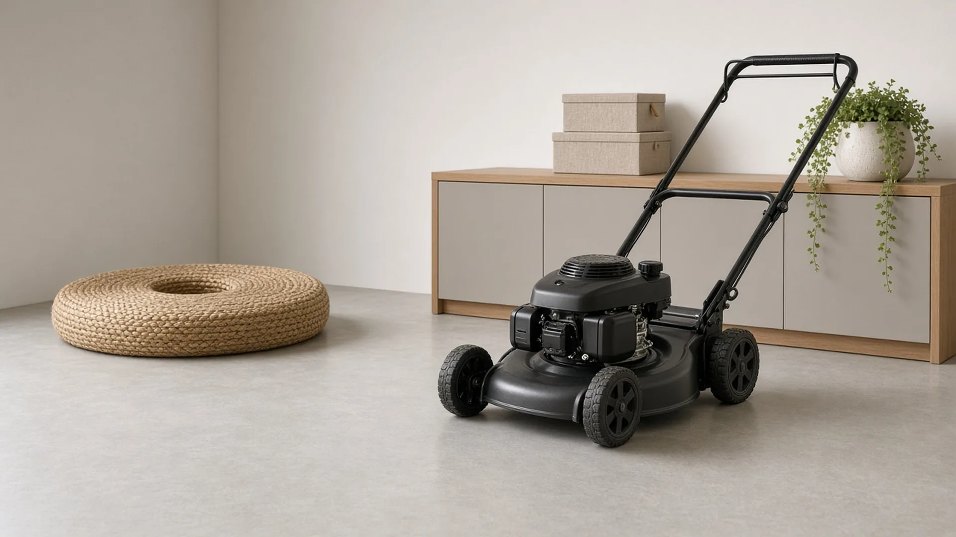 A black walk-behind mower with a closed engine cap near a woven floor cushion and cabinet