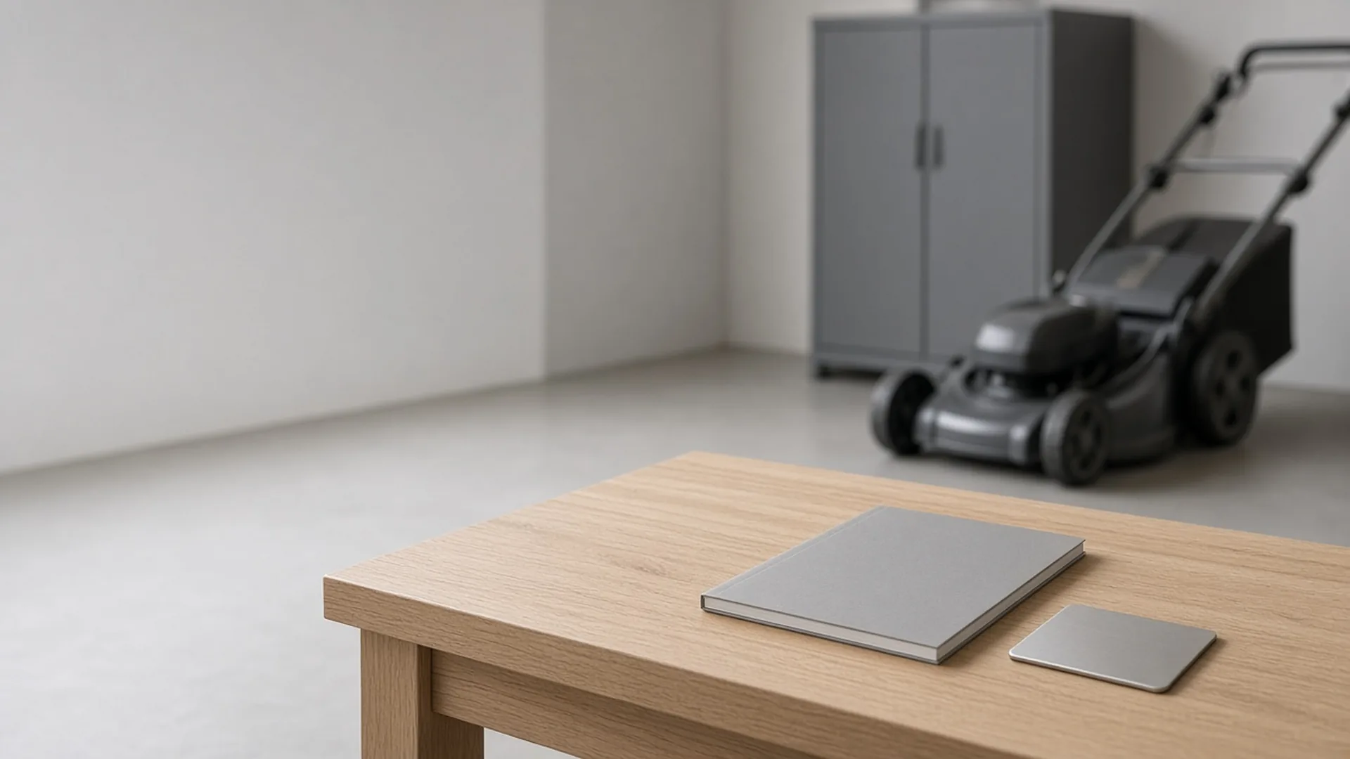 A closed grey manual and blank metal plate on an oak table, a mower blurred behind