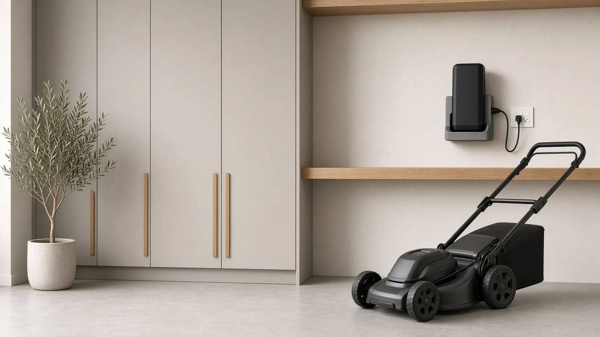 A black battery in a grey wall-mounted charger, plugged into an outlet, above a parked mower