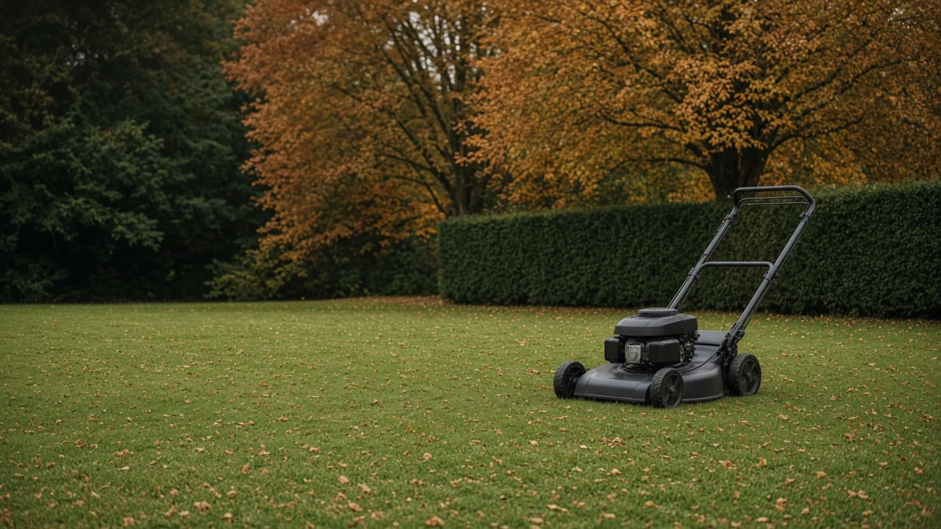 A dark walk-behind mower parked on green grass scattered with brown leaf pieces, autumn trees behind