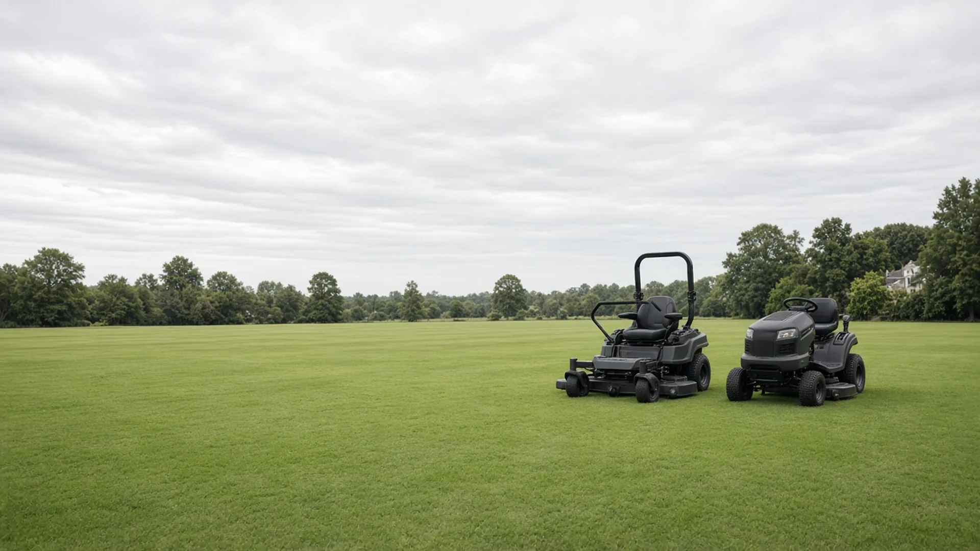A zero-turn mower and a lawn tractor parked side by side on a wide mowed lawn