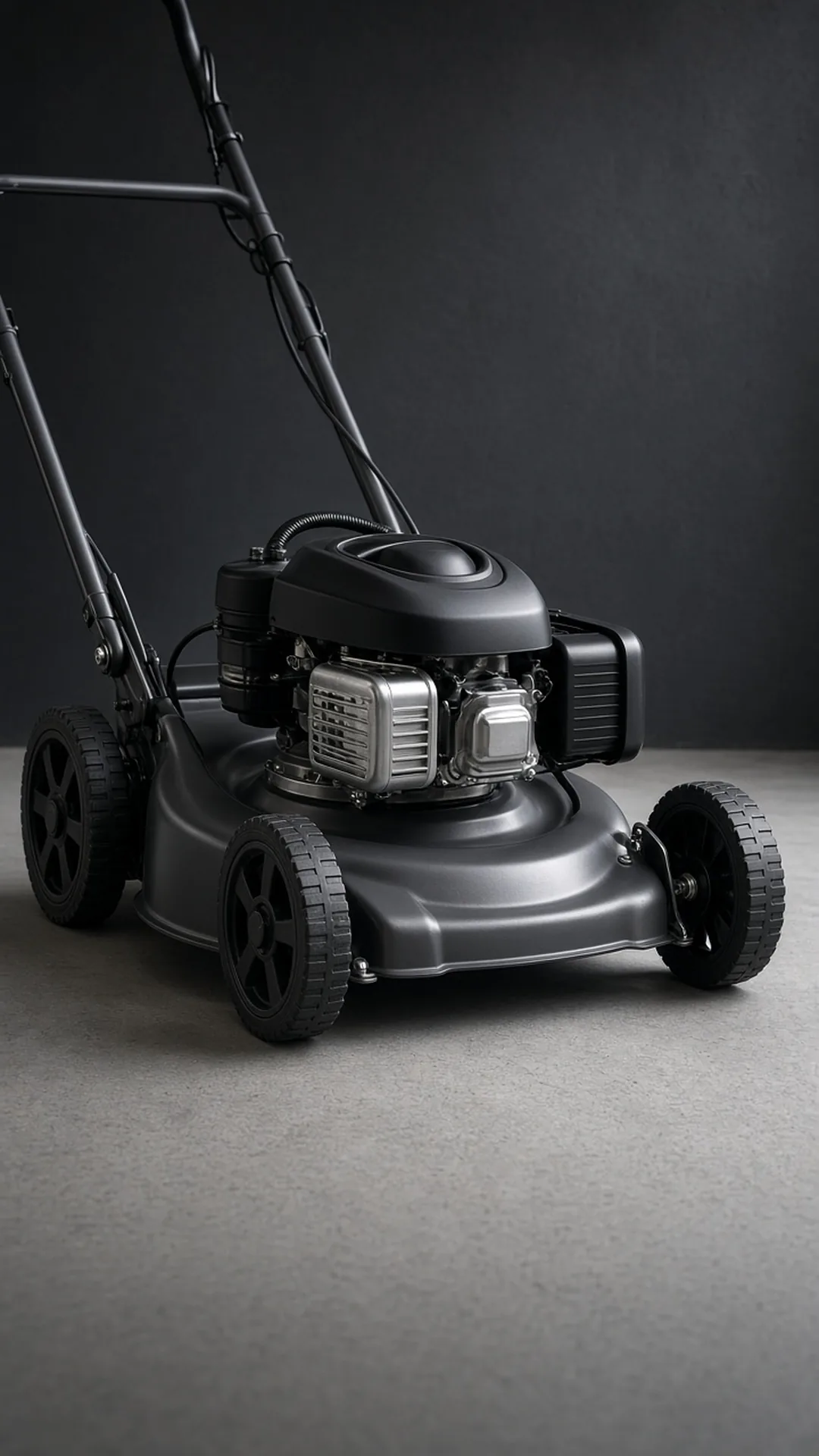 Close view of a graphite mower engine and deck on a grey floor, dark wall behind